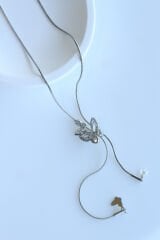 Zarif Asansörlü Kelebek Y Tasarım 60 Cm Renk Atmaz Kararmaz Kadın Çelik Kolye