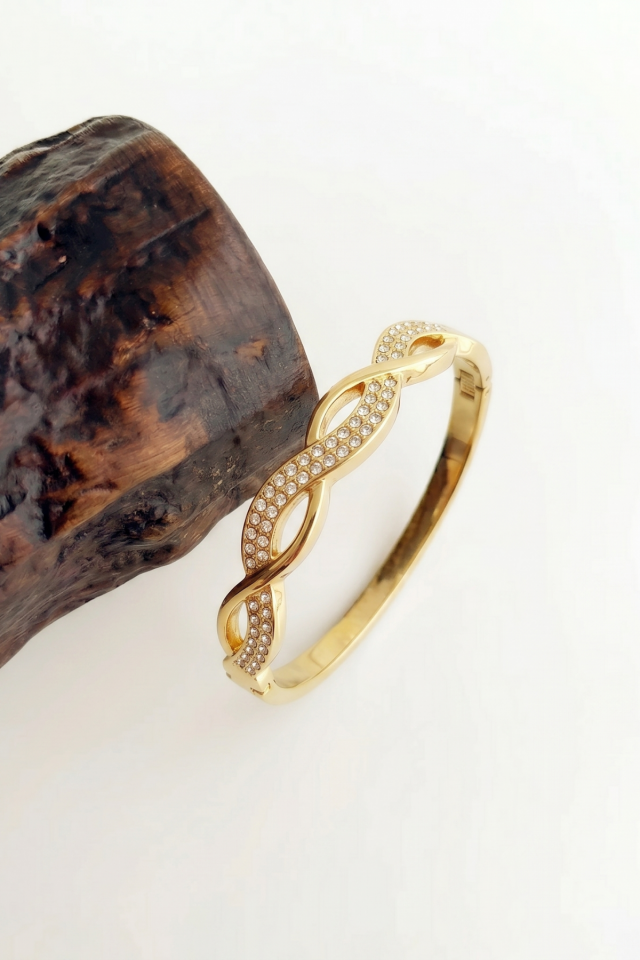 Özel Seri Sonsuzluk Formlu Zirkon Taşlı Çelik Gold Kelepçe Bileklik