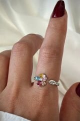 İthal Seri Renkli Zirkon Taşlı Zarif Lotus Çiçeği Tasarım Ayarlanabilir Kadın Çelik Yüzük