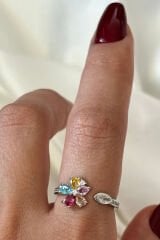 İthal Seri Renkli Zirkon Taşlı Zarif Lotus Çiçeği Tasarım Ayarlanabilir Kadın Çelik Yüzük