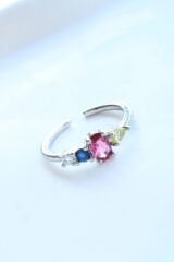 İthal Seri Renkli Zirkon Taşlı Zarif Oval 4 Taşlı Tasarım Ayarlanabilir Kadın Çelik Yüzük