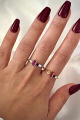 İthal Seri Renkli Zirkon Taşlı Zarif Oval 4 Taşlı Tasarım Ayarlanabilir Kadın Çelik Yüzük