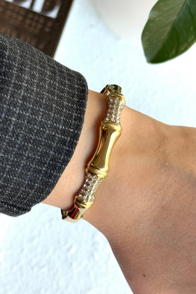 Özel Seri Bone Luxe Tasarım Zirkon Taşlı Kemik Model Kadın Çelik Kelepçe Altın