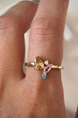 İthal Seri Renkli Zirkon Taşlı Zarif Damla Taş Tasarım Ayarlanabilir Kadın Çelik Yüzük