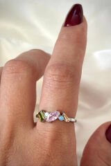 İthal Seri Zarif Karışık Renkli 5 Taşlı Tasarım Ayarlanabilir Kadın Çelik Yüzük