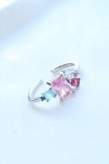 İthal Seri Zarif Karışık Renkli Pembe Baget Taşlı Tasarım Ayarlanabilir Kadın Çelik Yüzük