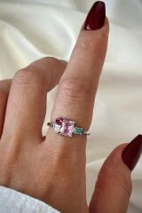 İthal Seri Zarif Karışık Renkli Pembe Baget Taşlı Tasarım Ayarlanabilir Kadın Çelik Yüzük