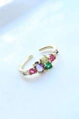 İthal Seri Zarif Karışık Renkli Oval Taşlı Tasarım Ayarlanabilir Kadın Çelik Yüzük
