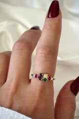 İthal Seri Zarif Karışık Renkli Oval Taşlı Tasarım Ayarlanabilir Kadın Çelik Yüzük