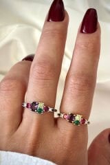 İthal Seri Zarif Karışık Renkli Oval Taşlı Tasarım Ayarlanabilir Kadın Çelik Yüzük