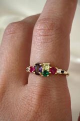 İthal Seri Zarif Karışık Renkli Oval Taşlı Tasarım Ayarlanabilir Kadın Çelik Yüzük