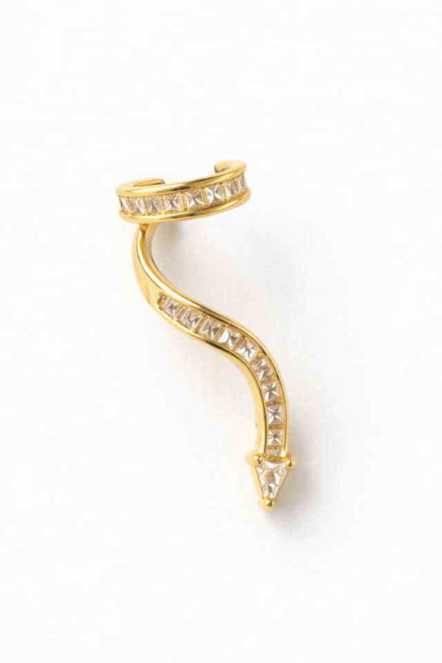 Yılan Tasarım Dizi Baget Zirkon Taşlı Kıkırdaklı Earcuff Küpe Gold Gold