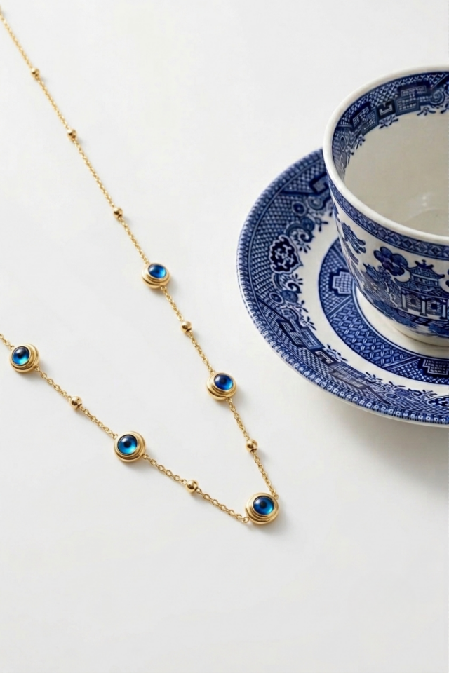 Blue Charm Gold Zincirli Kadın Çelik Kolye