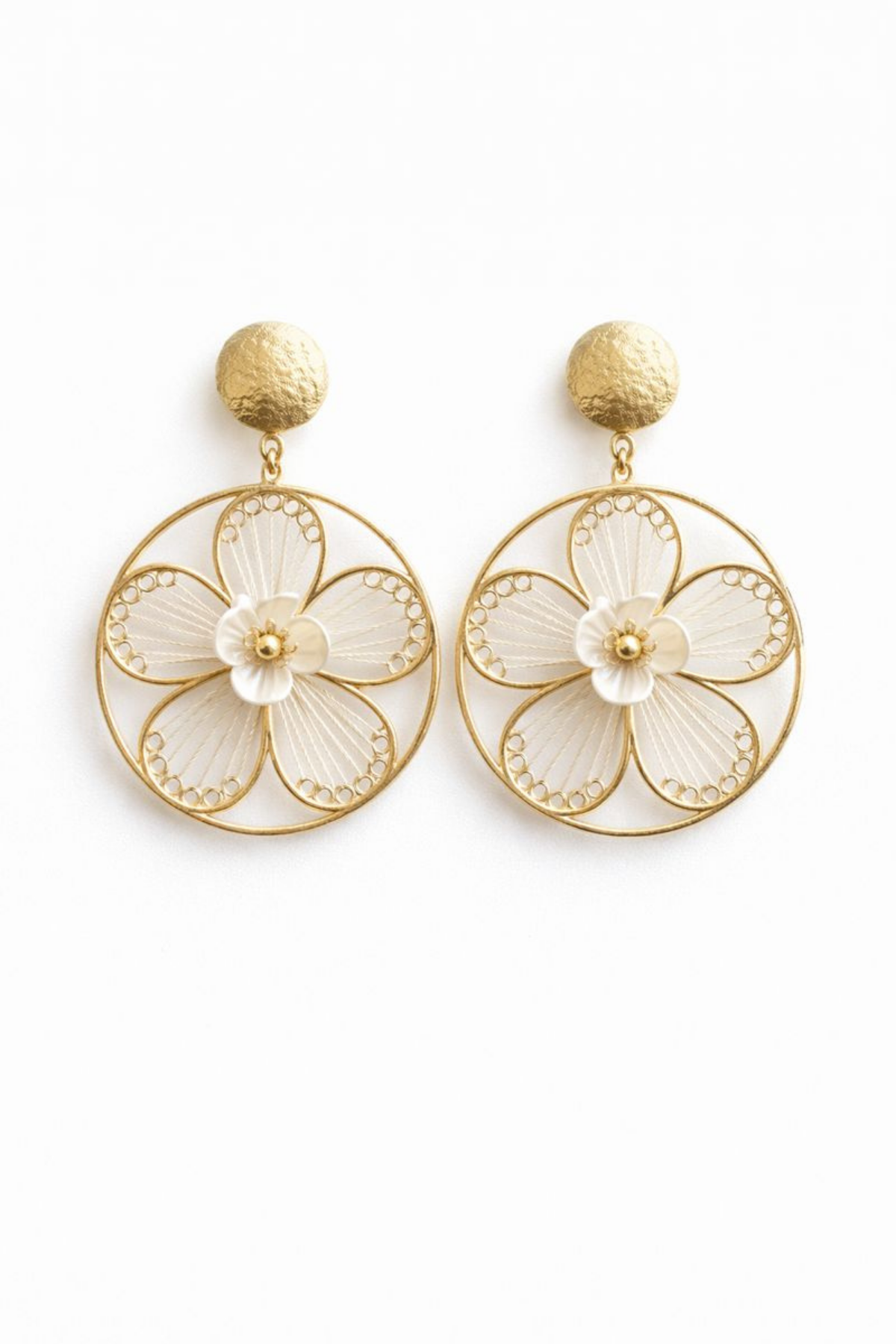 Metal Çerçeveli Çiçek Tasarım Örgü İpli Kadın Çelik Küpe