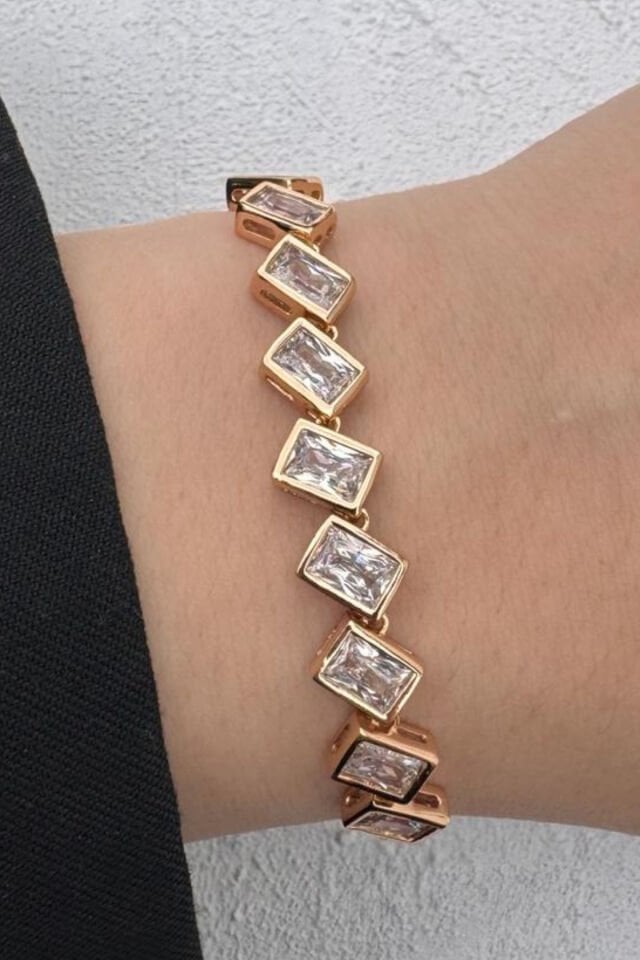 Kararmaz Renk Atmaz Xuping Rose Gold Baget Taş Detaylı Zarif Zincir Kadın Çelik Bileklik