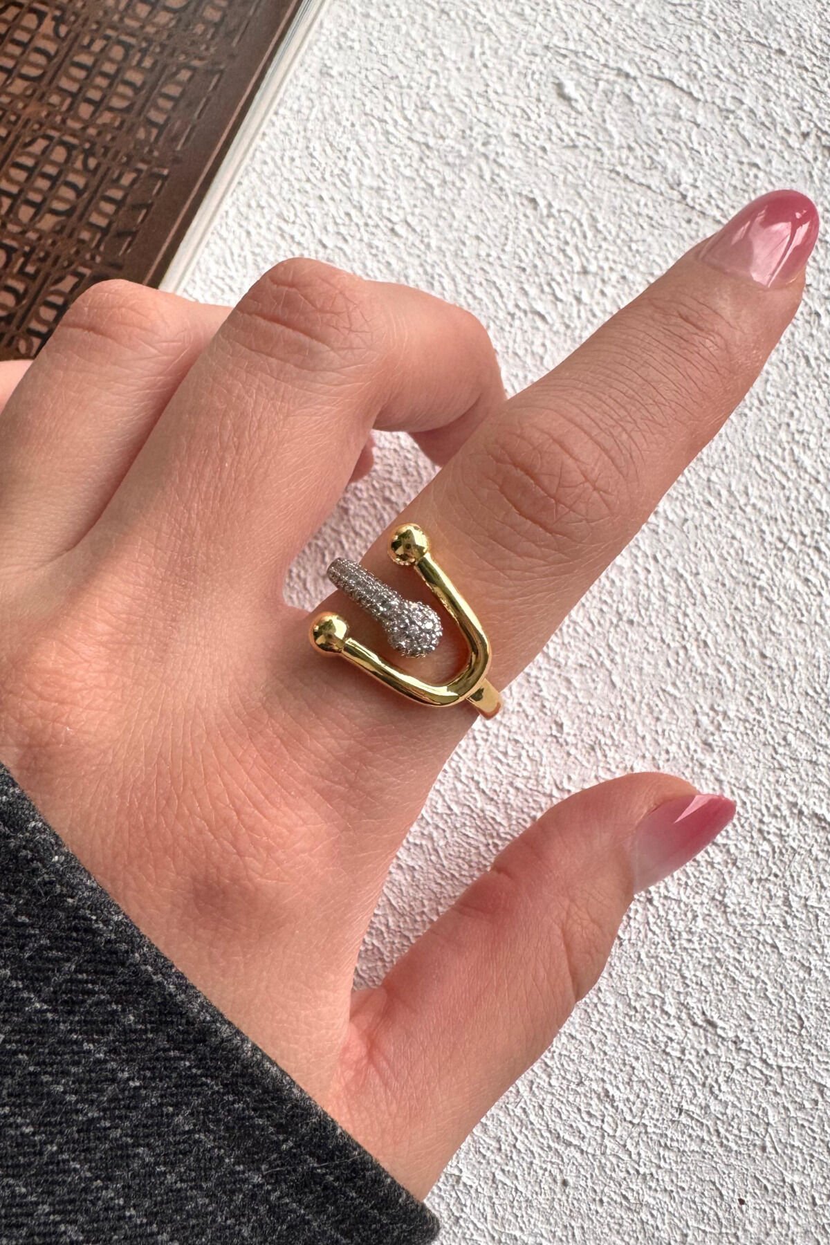 V.I.P Çift Renk Seri Lucky Curve Drop Tasarım Zirkon Taş Detaylı Ayarlanabilir Çelik Yüzük