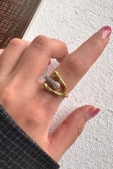 V.I.P Çift Renk Seri Lucky Curve Drop Tasarım Zirkon Taş Detaylı Ayarlanabilir Çelik Yüzük