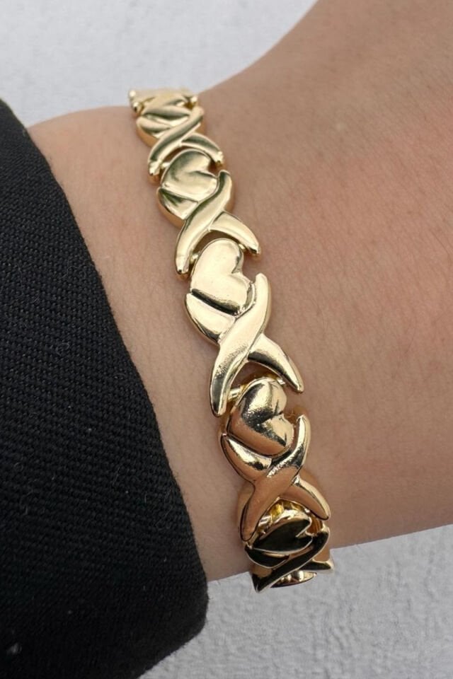 Kararmaz Renk Atmaz 14K Gold Kalın Halka Zincir Kalp Tasarım Kadın Çelik Bileklik