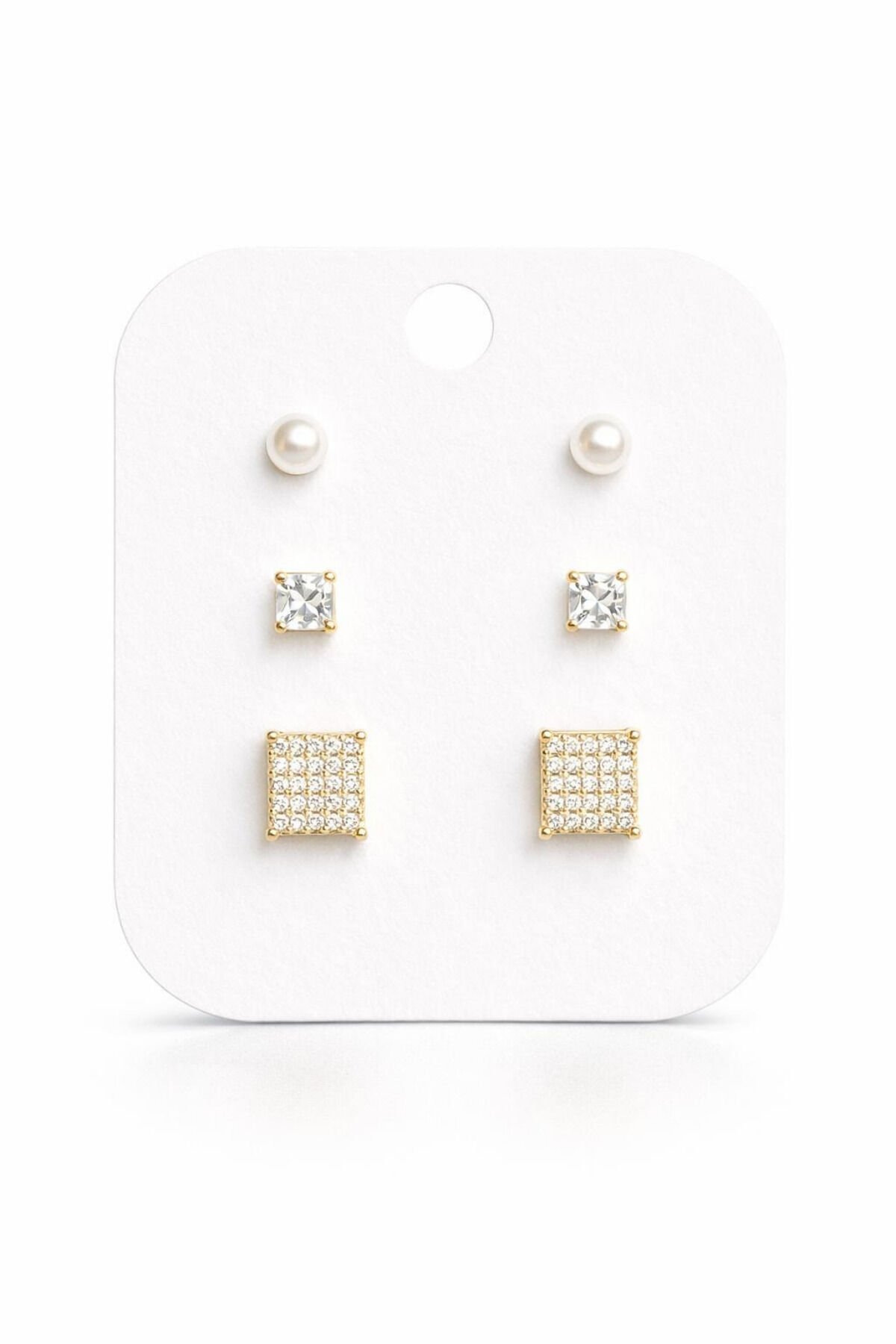 Altın Kaplama Çelik İnci ve Zirkon Taşlı 6'lı Küpe Seti