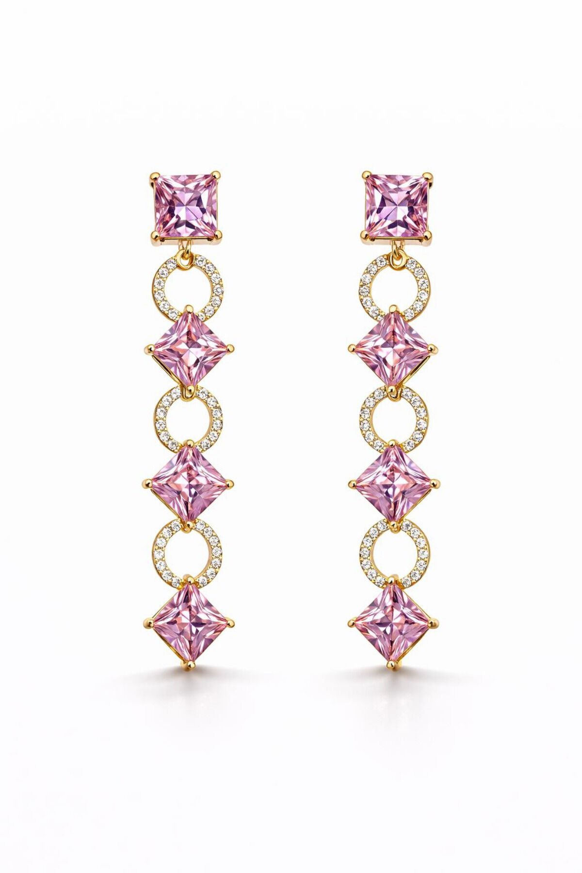 Xuping Özel Tasarım Çelik Pembe Kare Zirkon Taşlı Küpe