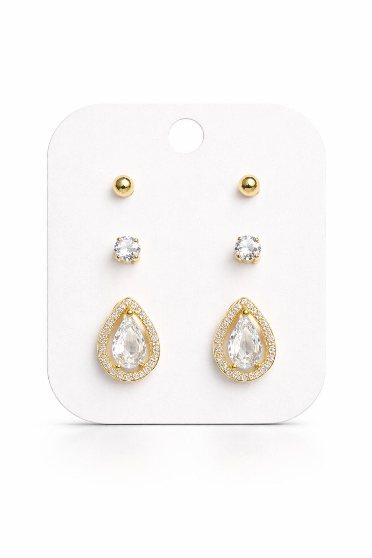 Altın Kaplama Çelik Damla Zirkon Taşlı 6’lı Küpe Seti