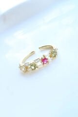 İthal Seri Çift Sıra Renkli Zirkon Taşlı Zarif Tasarım Ayarlanabilir Kadın Çelik Yüzük