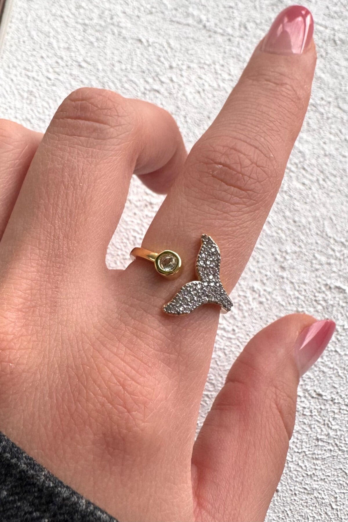 V.I.P Çift Renk Seri Mermaid Balık Kuyruğu Tasarım Zirkon Taşlı Ayarlanabilir Çelik Yüzük