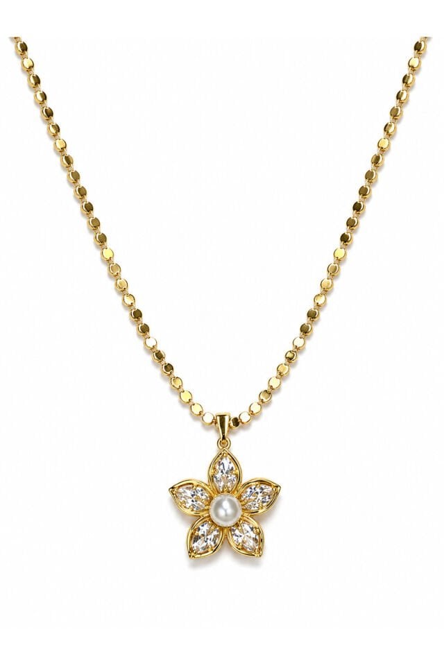 14K Gold Ezme Zincirli İnci Detaylı Çiçek Taşlı Kadın Kolye