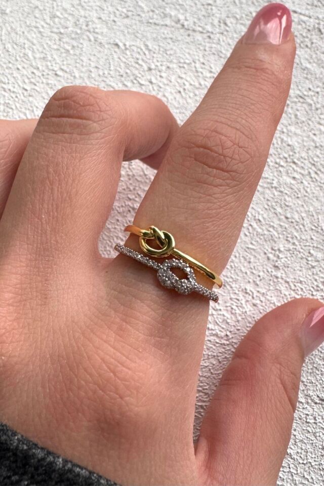 V.I.P Çift Renk Seri Knot Love Tasarım Zirkon Taşlı Düğüm Bağ Kilit Model Ayarlanabilir Çelik Yüzük