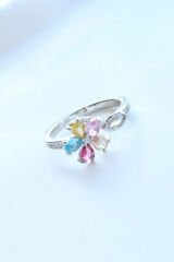 İthal Seri Renkli Zirkon Taşlı Zarif Lotus Çiçeği Tasarım Ayarlanabilir Kadın Çelik Yüzük