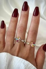 İthal Seri Renkli Zirkon Taşlı Zarif Lotus Çiçeği Tasarım Ayarlanabilir Kadın Çelik Yüzük