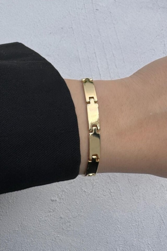 Kararmaz Renk Atmaz 14K Gold Dikdörtgen Link Minimal Plaka Tasarım Kadın Çelik Bileklik