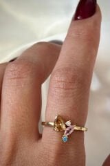 İthal Seri Renkli Zirkon Taşlı Zarif Damla Taş Tasarım Ayarlanabilir Kadın Çelik Yüzük