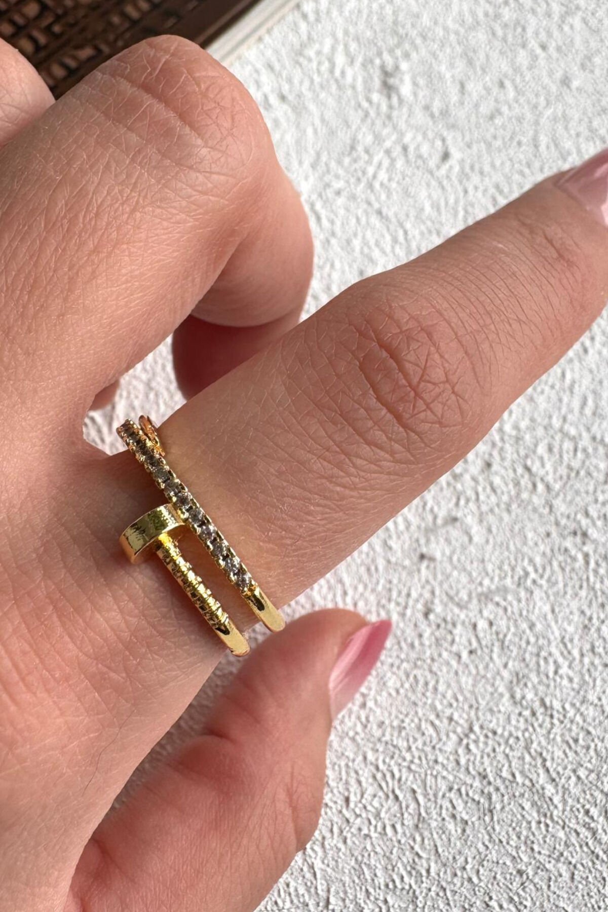 Çivi Tasarım Minimal Zirkon Taşlı Ayarlanabilir Kadın Çelik Yüzük