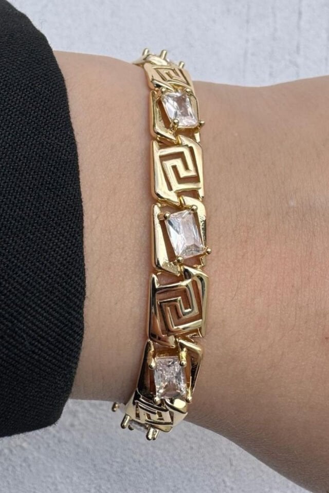 Kararmaz Renk Atmaz 14K Gold Renk Vintage Greek Desenli Baget Taşlı Kadın Çelik Bileklik