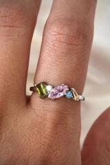 İthal Seri Zarif Karışık Renkli 5 Taşlı Tasarım Ayarlanabilir Kadın Çelik Yüzük