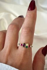 İthal Seri Zarif Karışık Renkli Oval Taşlı Tasarım Ayarlanabilir Kadın Çelik Yüzük