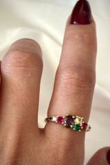 İthal Seri Zarif Karışık Renkli Oval Taşlı Tasarım Ayarlanabilir Kadın Çelik Yüzük