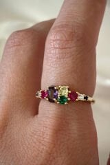 İthal Seri Zarif Karışık Renkli Oval Taşlı Tasarım Ayarlanabilir Kadın Çelik Yüzük