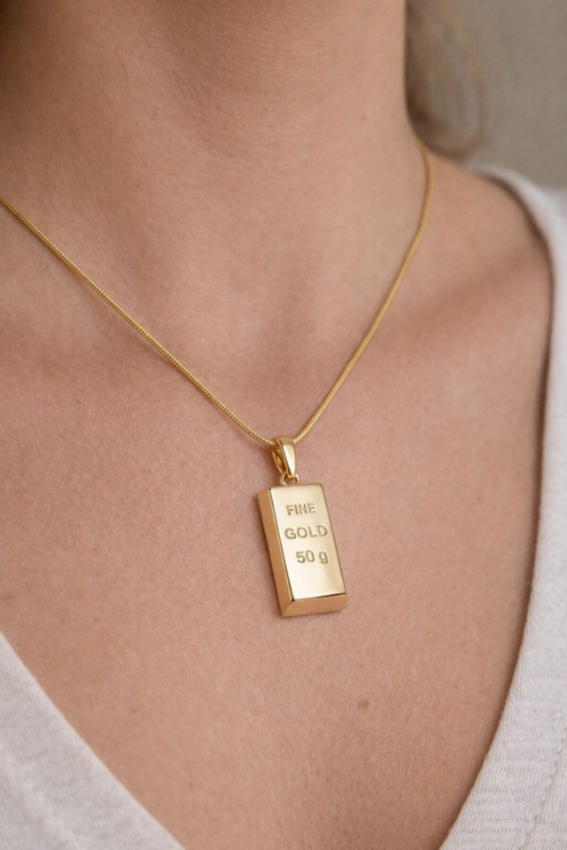 Fine Gold Külçe Altın Uçlu 316L Çelik Paslanmaz Kararmaz Kadın Çelik Kolye Altın