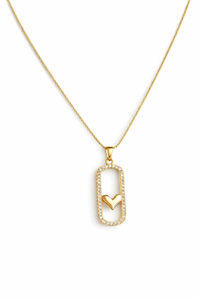 Zirkon Taşlı Kalp Detaylı Geometrik Çelik Gold Kolye