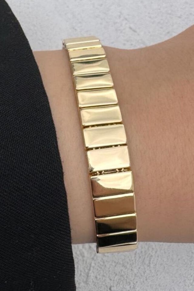 Kararmaz Renk Atmaz 14K Gold Dikdörtgen Kesim Düz Plaka Form Kadın Çelik Bileklik