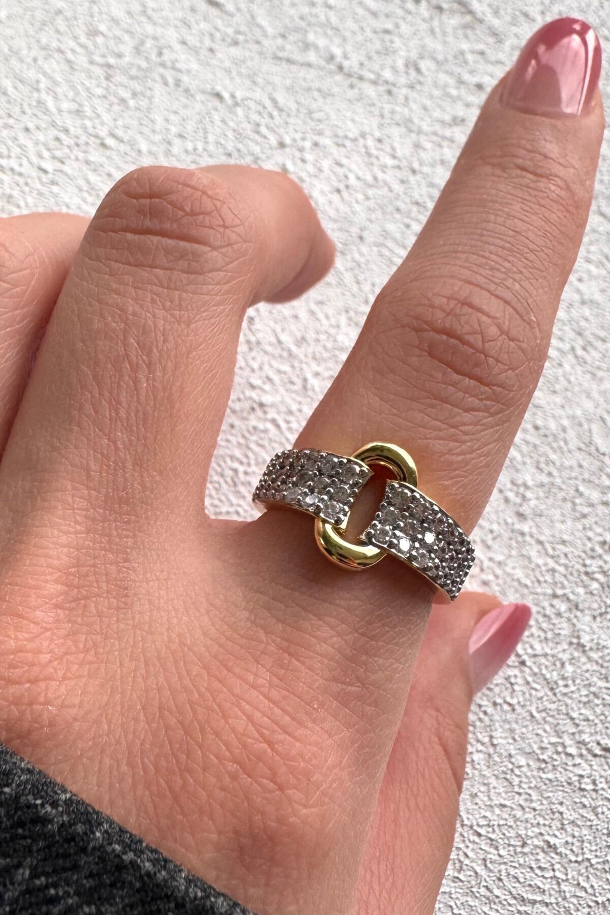 V.I.P Çift Renk Seri Link Love Tasarım Zirkon Taşlı Ayarlanabilir Çelik Yüzük