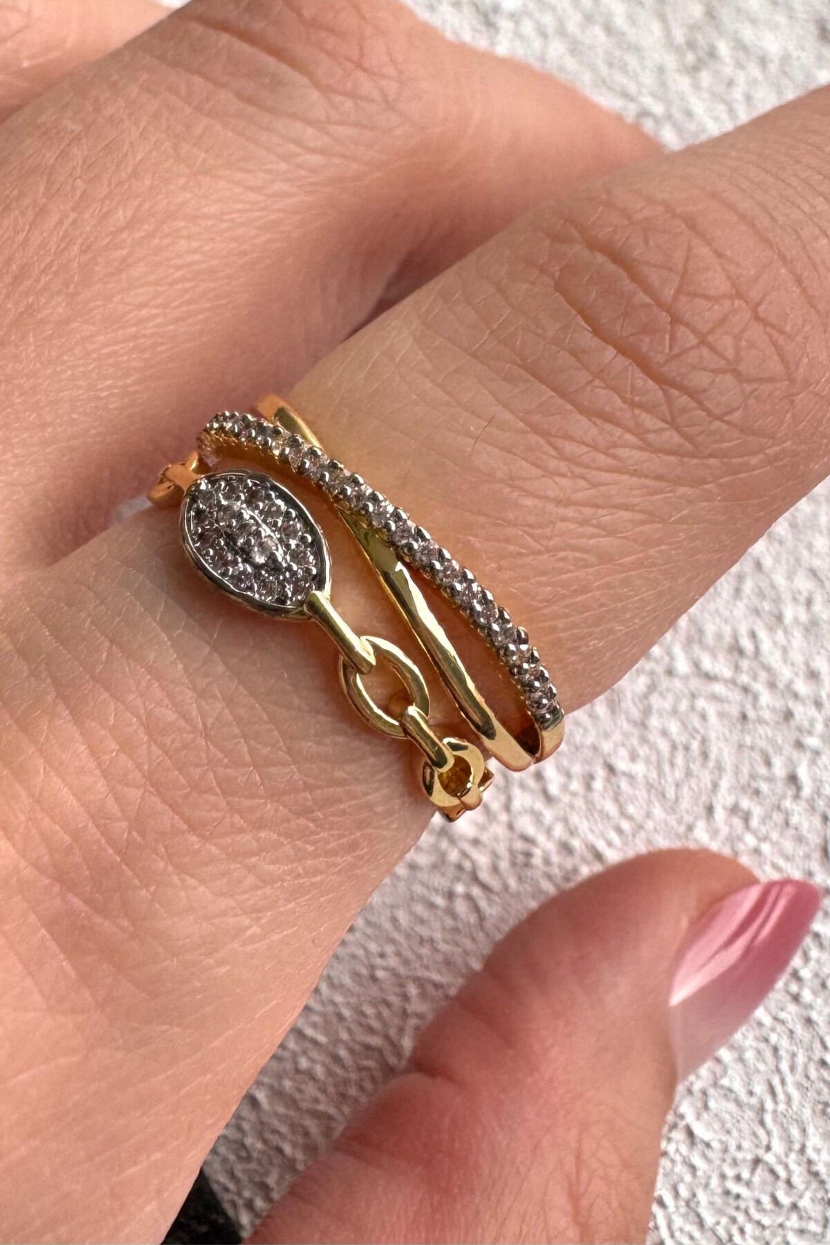 V.I.P Çift Renk Elegant Link Tasarım Zirkon Taşlı Ayarlanabilir Çelik Yüzük