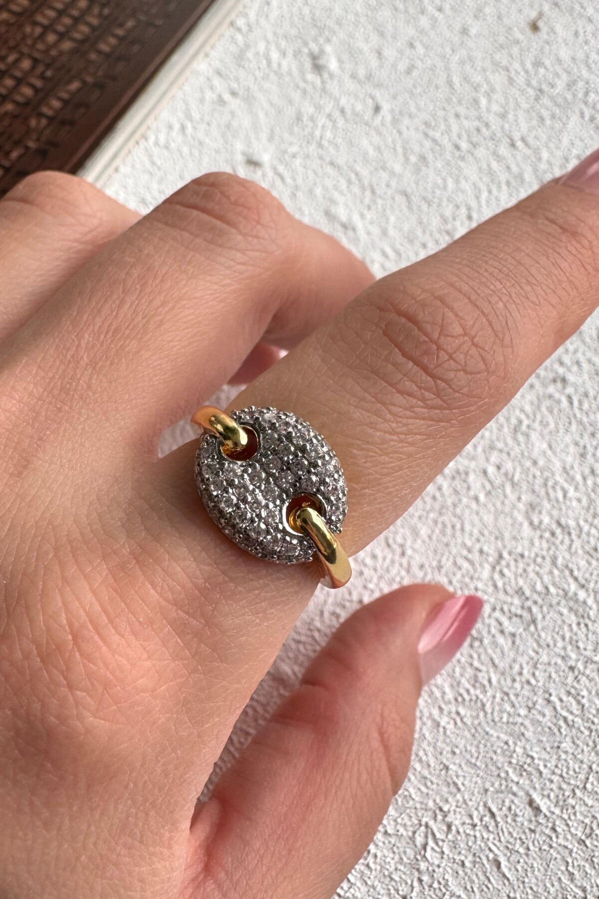 V.I.P Çift Renk Seri Luna Disc Tasarım Zirkon Taşlı Ayarlanabilir Çelik Yüzük