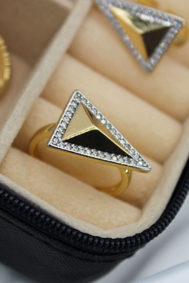 VIP %100 İthal Pyramid Tasarım Ayarlanabilir Kararmaz Garantili Kadın Çelik Yüzük Gold