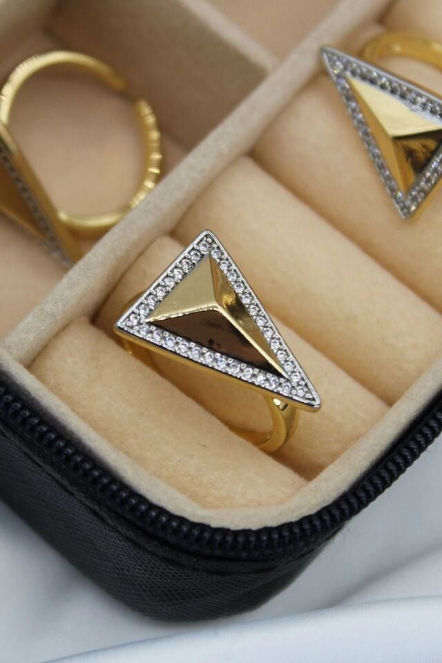 VIP %100 İthal Pyramid Tasarım Ayarlanabilir Kararmaz Garantili Kadın Çelik Yüzük Gold