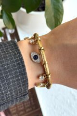 Özel Seri Nazar Boncuğu Charmlı Kadın Çelik Kelepçe Bileklik