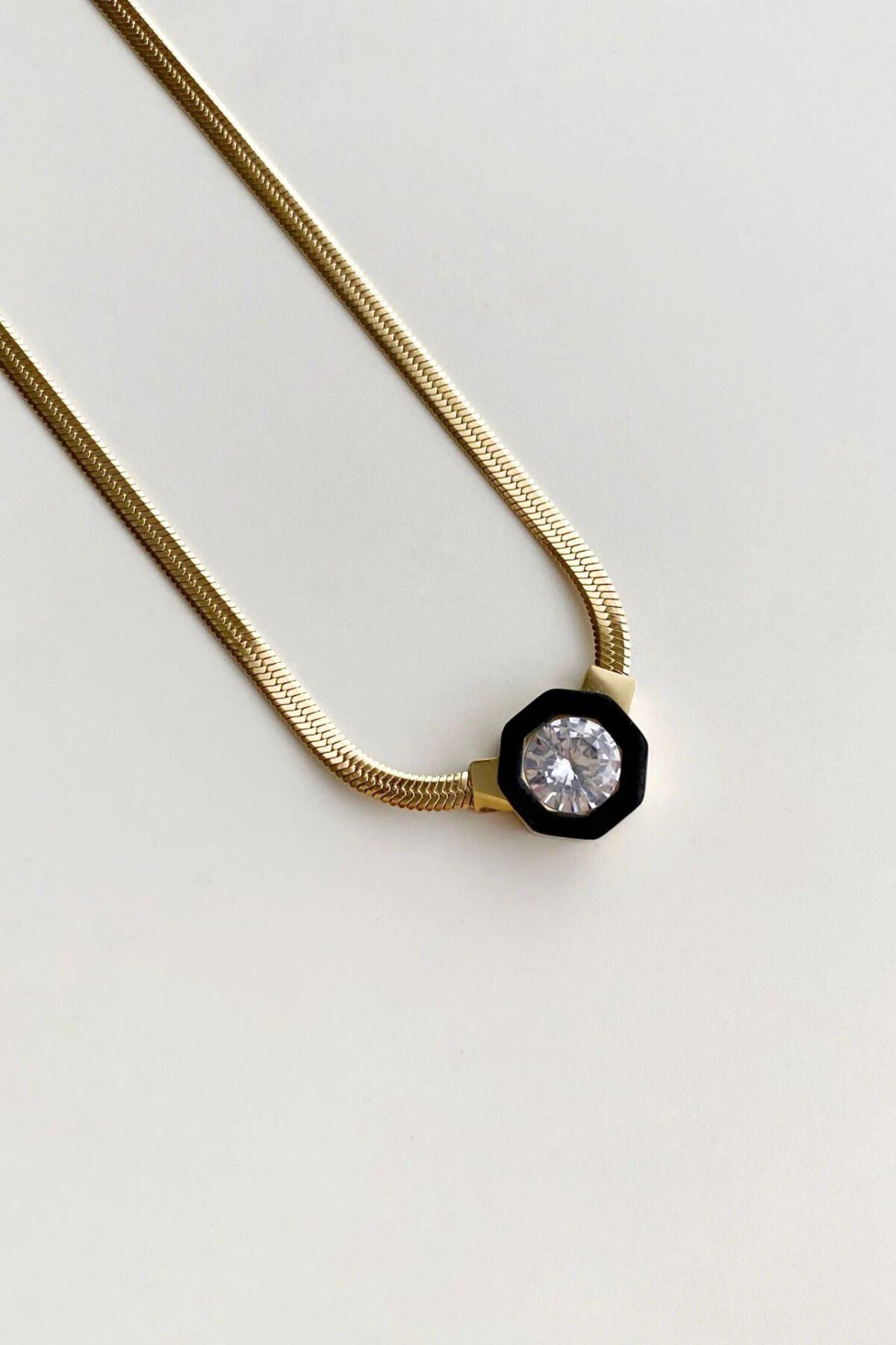 Özel Seri İtalyan Zincirli Sekizgen Zirkon Taşlı Kadın Çelik Kolye