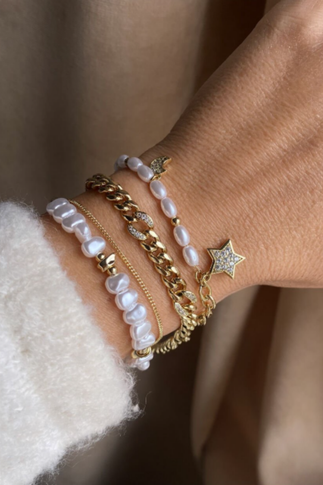 Astera Pearl Xuping 14K Gold Doğal İnci Detaylı Çoklu Zincir Kadın Çelik Bileklik